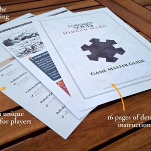 May include: A stack of printed game guides on a wooden surface. The top guide is labeled "Forsarth Souls Hidden Ward Game Master Guide" and has a gear-shaped graphic. Text indicates 16 pages of instructions and the ability to adjust difficulty.