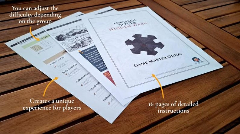 May include: A stack of printed game guides on a wooden surface. The top guide is labeled "Forsarth Souls Hidden Ward Game Master Guide" and has a gear-shaped graphic. Text indicates 16 pages of instructions and the ability to adjust difficulty.