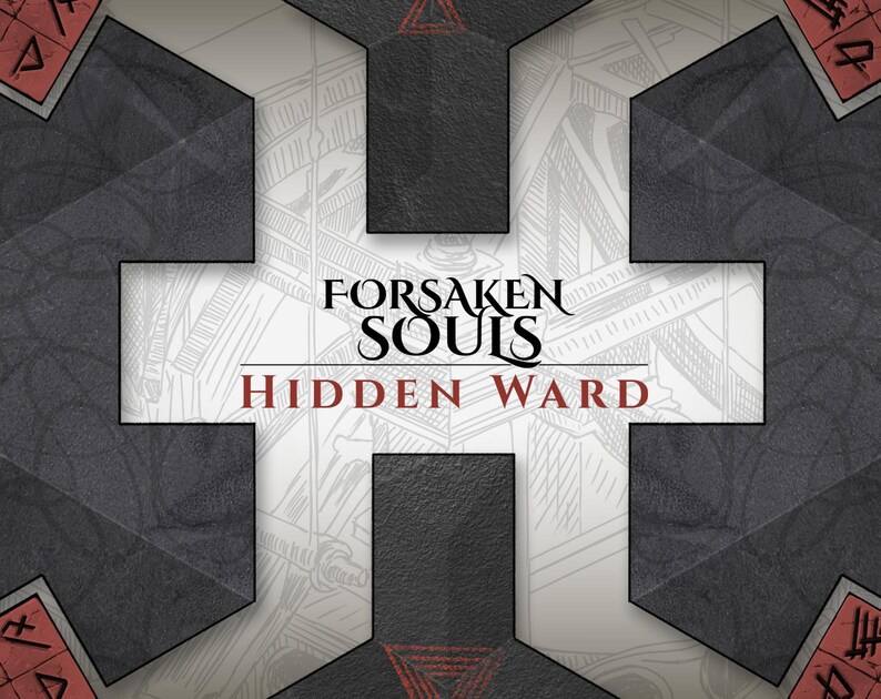 May include: A graphic design with the text "FORSAKEN SOULS HIDDEN WARD" in a stylized font. The background features a detailed architectural illustration and geometric shapes in shades of gray and black.