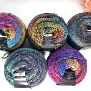 May include: Five multi-coloured yarn skeins in shades of blue, purple, pink, yellow, and green. Each skein has a label with text. The yarn is arranged on a white surface, with a few pink flowers in the background.