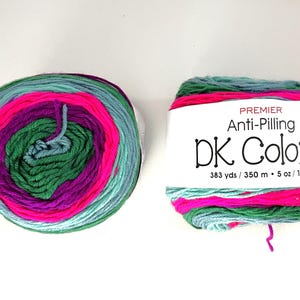 May include: Two skeins of Premier DK Colors yarn. The yarn is multi-colored with bands of pink, purple, green, and teal. The label reads "Premier Anti-Pilling DK Colors" and indicates 383 yards / 5 oz / 140 g.