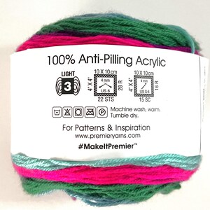 May include: A colorful ball of Premier Yarns 100% Anti-Pilling Acrylic yarn. The yarn is a mix of pink, green, and blue. The label provides details on needle size, gauge, and care instructions. The text "#MakeltPremier" is also visible.