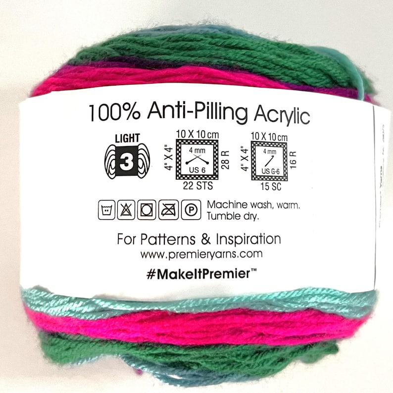 May include: A colorful ball of Premier Yarns 100% Anti-Pilling Acrylic yarn. The yarn is a mix of pink, green, and blue. The label provides details on needle size, gauge, and care instructions. The text "#MakeltPremier" is also visible.