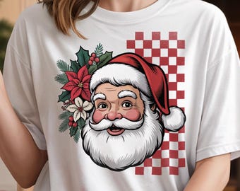 Papá Noel vintage PNG, Papá Noel navideño retro PNG, Cara de Papá Noel PNG, Papá Noel a cuadros PNG, Papá Noel festivo PNG, Sublimación de Papá Noel, Navidad PNG