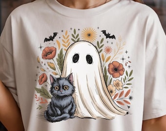 Halloween Ghost and Black Cat PNG | Cute Spooky Cat | Floral Ghost PNG | Autumn Halloween | Cottagecore Witchy Cat | Spooky Season PNG