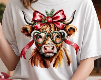Vaca de las Tierras Altas navideñas png / Clipart de vaca rústica de granja / Navidad bohemia png / Diseño de sublimación de vaca navideña / Vaca de las Tierras Altas con lazo coqueto
