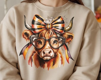 Halloween Highland Cow png | Gingham Bow Sublimation | Rustic Farmhouse Fall Cow png | Boho Halloween Digital Download | Ghost Highland Cow