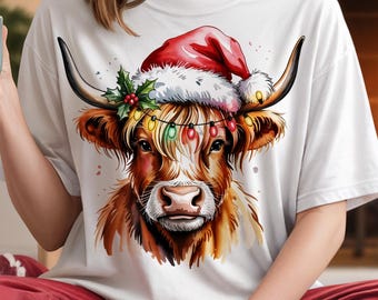 Highland Cow Christmas PNG | Santa Hat Sublimation Design with Christmas Lights | Rustic Farmhouse Holiday Cow Art