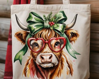 Vaca navideña de las Tierras Altas png / Vaca con lazo verde coqueta png / Navidad rústica de granja png / Diseño de sublimación de vacaciones bohemias / Vaca linda png