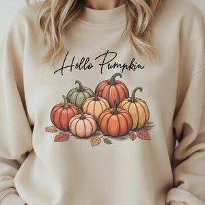May include: Beige sweatshirt with a graphic of several pumpkins in shades of orange, green, and pink. The words "Hello Pumpkin" are written above the pumpkins in a cursive font. Autumn-themed apparel.