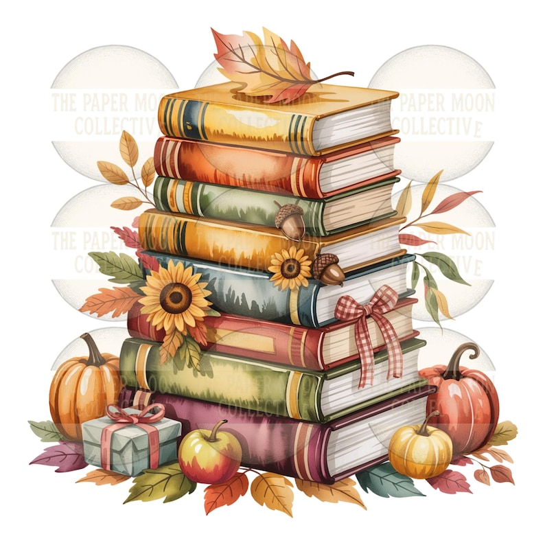May include: A stack of colorful books with autumn-themed decorations. The books are adorned with sunflowers, leaves, pumpkins, and a gift box. The image has a watercolor style and a warm color palette, evoking a cozy fall atmosphere.