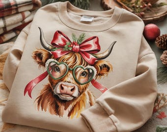 Vaca de las Tierras Altas navideñas png / Clipart de vaca de granja rústica / Navidad bohemia png / Diseño de sublimación de vaca de las Tierras Altas navideñas / Vaca linda png