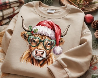 Highland Cow Christmas PNG | Santa Hat Farmhouse Sublimation | Rustic Holiday Cow PNG | Farm Animal Christmas Sublimation Design Download