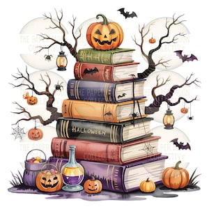 May include: A stack of books with a Halloween theme, topped with a carved pumpkin. The books are in various colors, with bats and spiders. A potion bottle, pumpkins, and a cauldron are at the base, with bare tree branches and bats in the background.