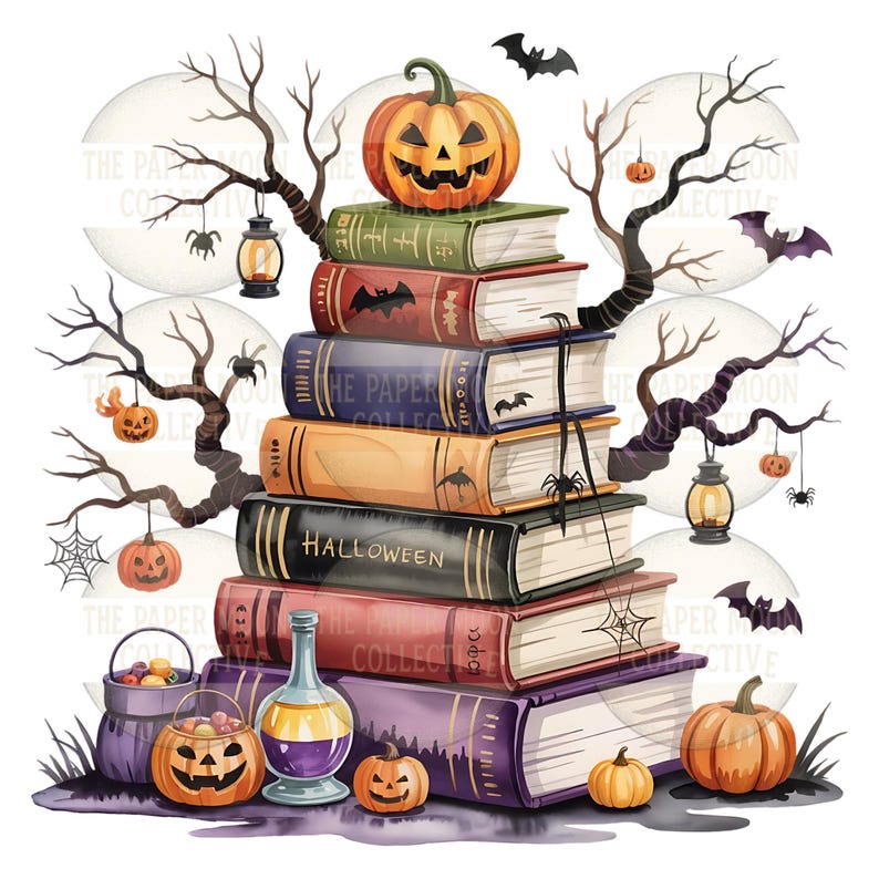 May include: A stack of books with a Halloween theme, topped with a carved pumpkin. The books are in various colors, with bats and spiders. A potion bottle, pumpkins, and a cauldron are at the base, with bare tree branches and bats in the background.
