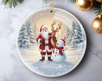 Julgransprydnad med tomten och renar png | Snögubbe png | Jul png | Semesterprydnad png | Vintage tomten | Digital nedladdning av vinter