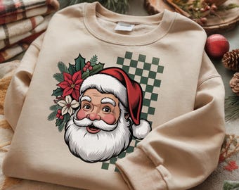 Papá Noel a cuadros (Png), Papá Noel vintage (Png), Cara de Papá Noel navideña (Png), Navidad retro (Png), Papá Noel festivo (Png), Sublimación de Papá Noel, Navidad (Png)