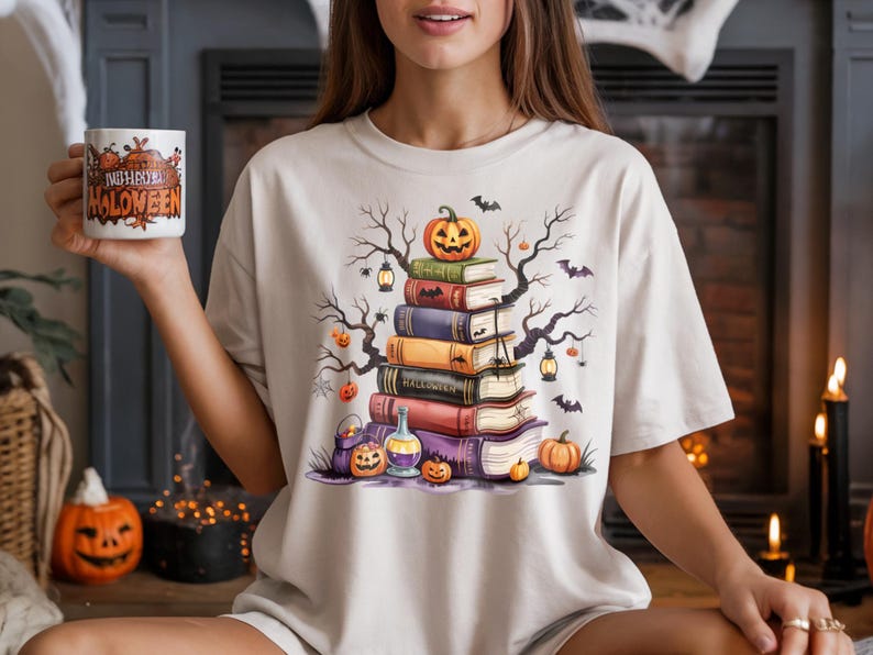 May include: Cream-colored t-shirt featuring a Halloween-themed design. The graphic depicts a stack of books topped with a carved pumpkin, surrounded by bats, spiders, and spooky trees. A matching mug with the words "Happy Halloween" is held in the hand.