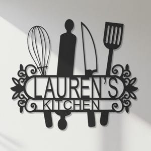 Custom Kitchen Name Sign: Metal Wall Art with Utensils