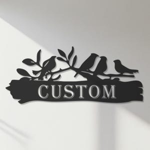 Custom Family Name Bird Branch Metal Sign | Personalized Nature-Inspired Wall Art for Entryway, Porch, Garden | Housewarming Gift