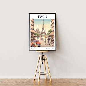 Paris Street Scene Print - Blue Green Yellow Art - French Vintage Travel Poster - Eiffel Tower Wall Decor - Living Room & Office Art