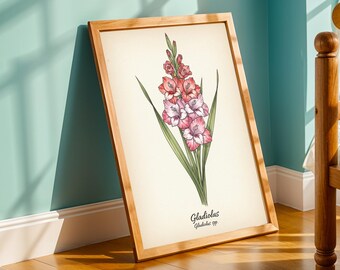 ピンクのグラジオラスの花のアートプリント - ヴィンテージ植物イラスト