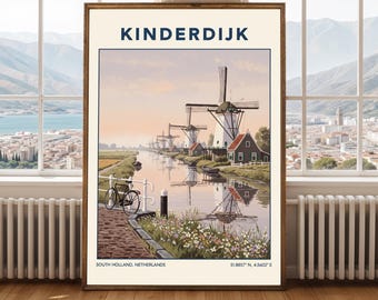 Może przedstawiać: Oprawiony wydruk przedstawiający Kinderdijk w Holandii, z wiatrakami wzdłuż kanału. Wydruk zawiera tekst "KINDERDIJK" u góry i "SOUTH HOLLAND, NETHERLANDS" na dole, z współrzędnymi. Rower stoi na ceglanej ścieżce.