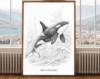 シャチの海の波のポスター – 白黒インクスケッチ | 細線イラスト – アート愛好家のための建築風動物アート