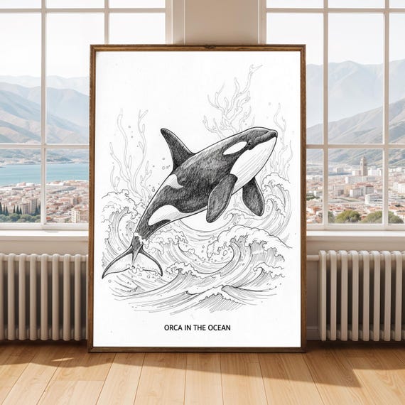海の生物 二部構成の絵画 ホワイトフレーム シャチの海の波のポスター – 白黒インクスケッチ | 細線イラスト
