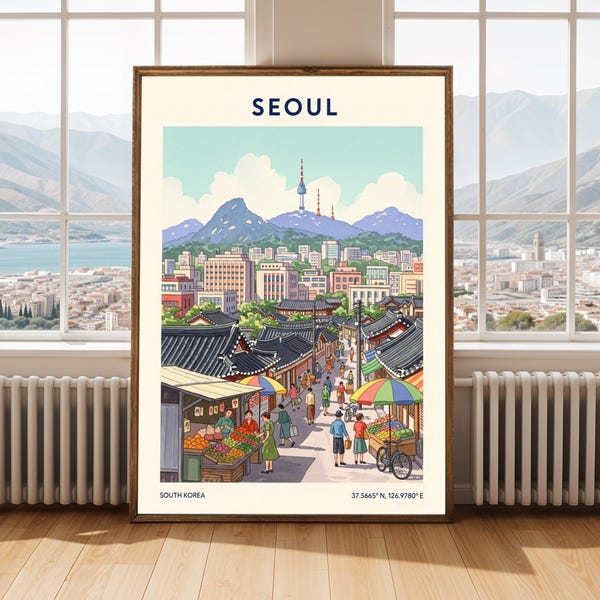Seoul Market Scene Gouache Art Print – Korean Travel Poster