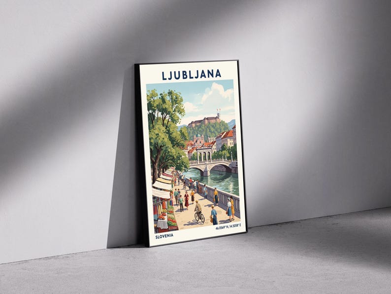Lámina artística de Liubliana – Póster de viaje vintage de Eslovenia, escena del río imagen 6