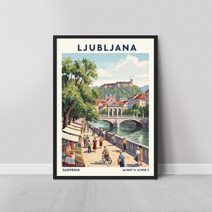 Lámina artística de Liubliana – Póster de viaje vintage de Eslovenia, escena del río imagen 9