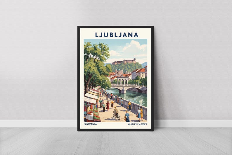 Lámina artística de Liubliana – Póster de viaje vintage de Eslovenia, escena del río imagen 9