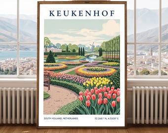 May include: A framed print depicting Keukenhof Gardens in South Holland, Netherlands. The artwork shows vibrant tulip beds, a windmill, and a bridge. The text "KEUKENHOF" is at the top, with location details at the bottom. The print is in a wooden frame.