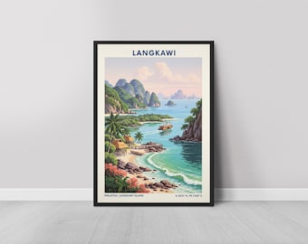 ランカウイ旅行ポスター – 熱帯の島の海岸沿いのアートプリント
