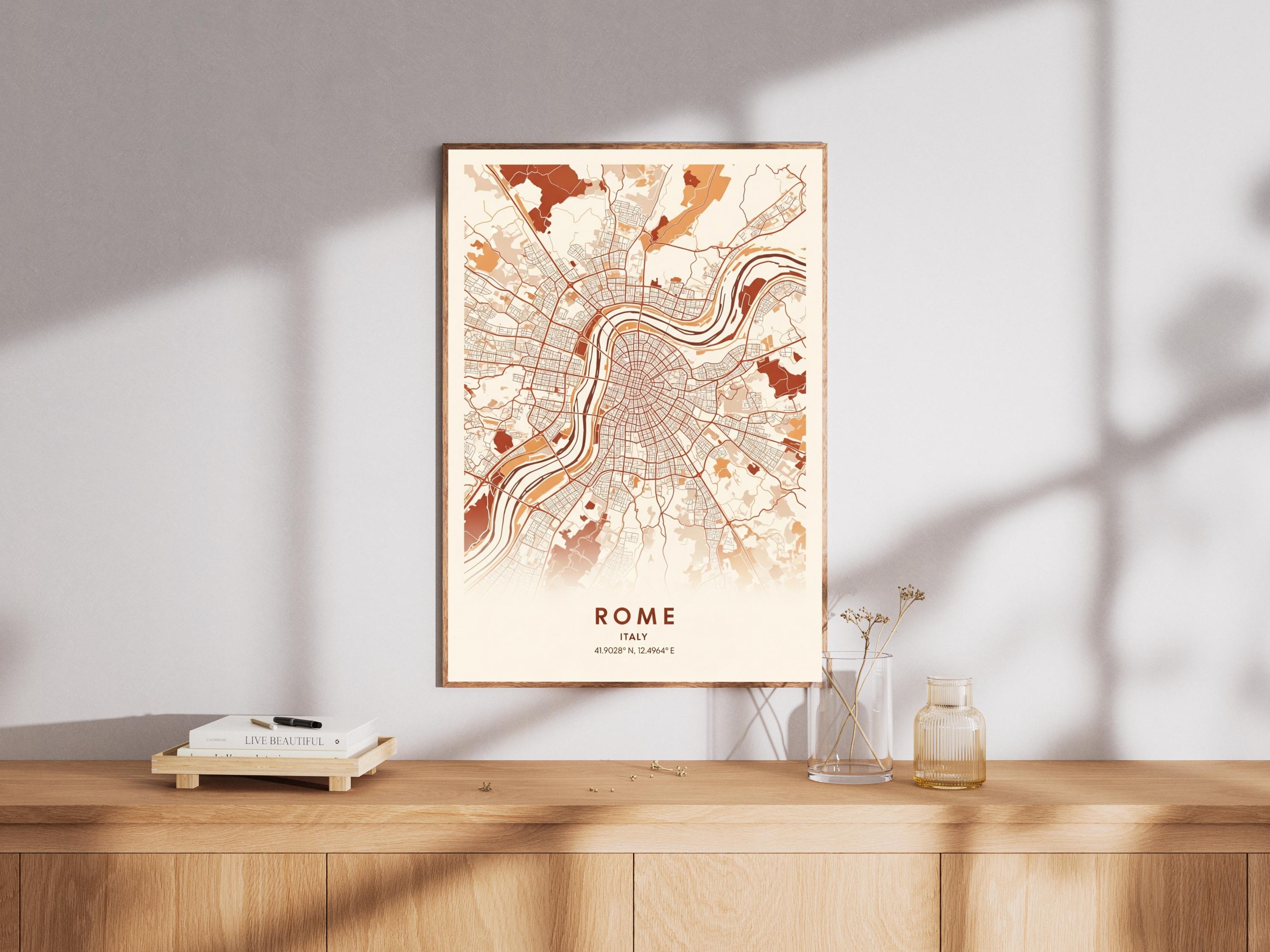 Rome Map Art Print – Beige & Terracotta, Minimalist Scandinavian Design ...