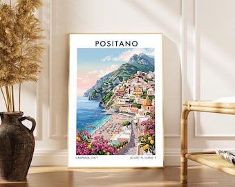 Impresión de Positano – Paisaje de la costa amalfitana italiana, arte minimalista