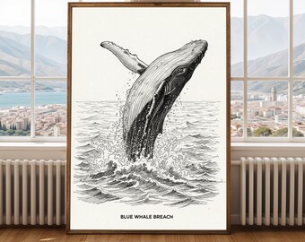 シロナガスクジラのジャンプポスター – 白黒インクイラスト | 建築スケッチアート – 恋人へのギフト、オーガニックライン装飾