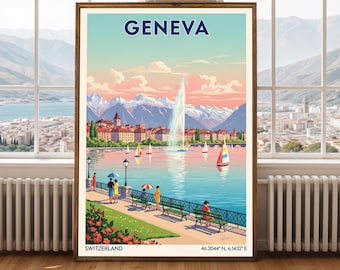 Póster antiguo en gouache junto al lago de Ginebra – Arte de viajes suizo