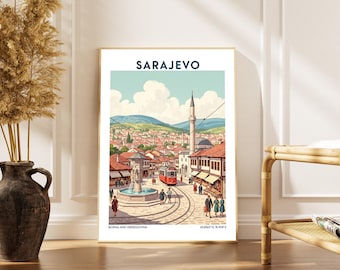 Impresión de paisaje urbano de Sarajevo – Póster de viaje vintage de Bosnia