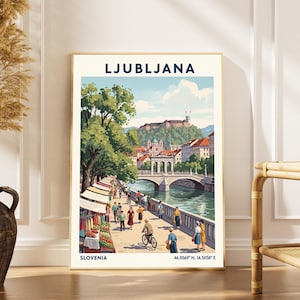 Lámina artística de Liubliana – Póster de viaje vintage de Eslovenia, escena del río imagen 1