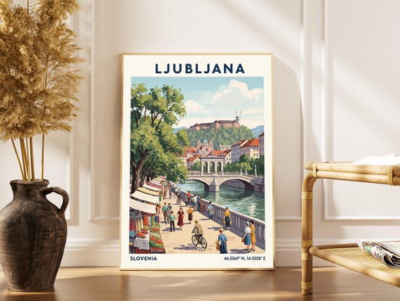 Ljubljana Art Print – Vintage Slovenia Travel Poster, River Scene