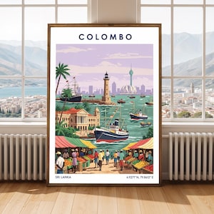 May include: A framed art print showing a vibrant illustration of Colombo, Sri Lanka. The image includes boats, a lighthouse, and a marketplace. The word "COLOMBO" is at the top, with "SRI LANKA" and coordinates at the bottom. The artwork is in a wooden frame.