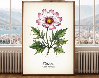 コスモスの花のプリント – ヴィンテージ植物水彩イラスト