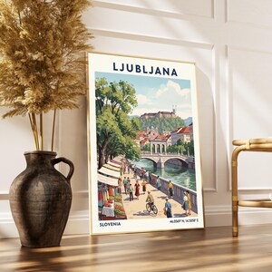 Lámina artística de Liubliana – Póster de viaje vintage de Eslovenia, escena del río imagen 5