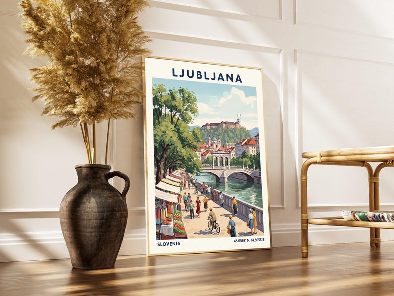 Lámina artística de Liubliana – Póster de viaje vintage de Eslovenia, escena del río imagen 5