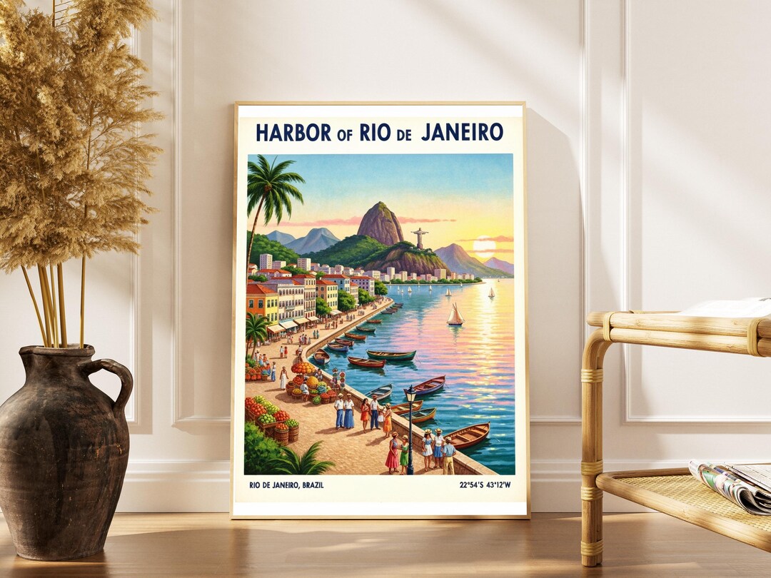 Posters De Rios Rio De Janeiro Harbor Vintage Travel Poster – Gouache Landscape Art - Etsy