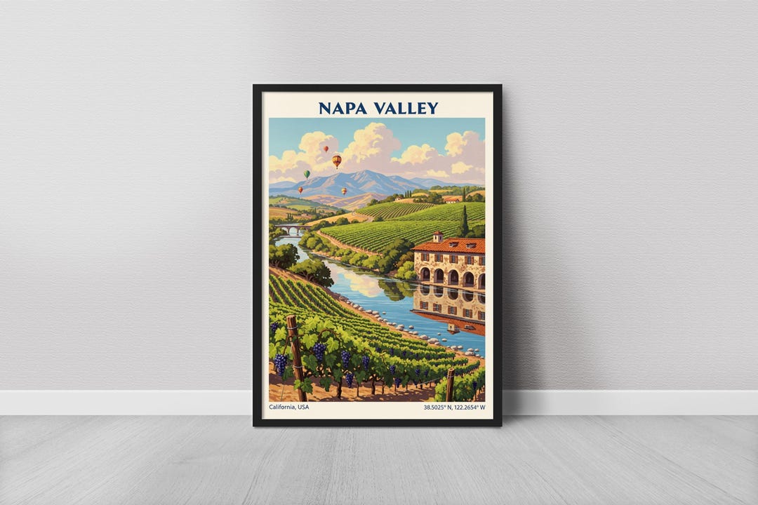 Napa Valley Art Print – Vintage Travel, Vineyard Rows, Blue Sky and ...