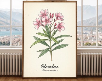 キョウチクトウの花のプリント – ヴィンテージのボタニカルアート、ピンクとグリーンのインテリア