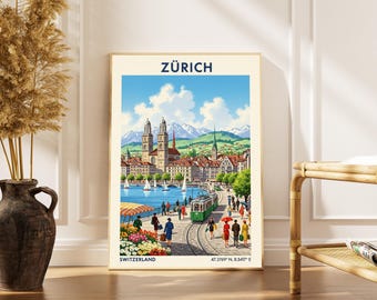 チューリッヒの街並みを描いたアートプリント – ヴィンテージのスイス旅行ポスター